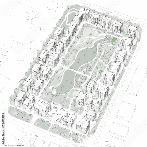 An intricate aerial architectural rendering showcases a modern residential complex surrounding a vibrant green park with pathways and water features.