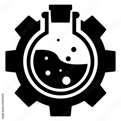 Logo laboratorio industrial. Icono engranaje con probeta circular 
