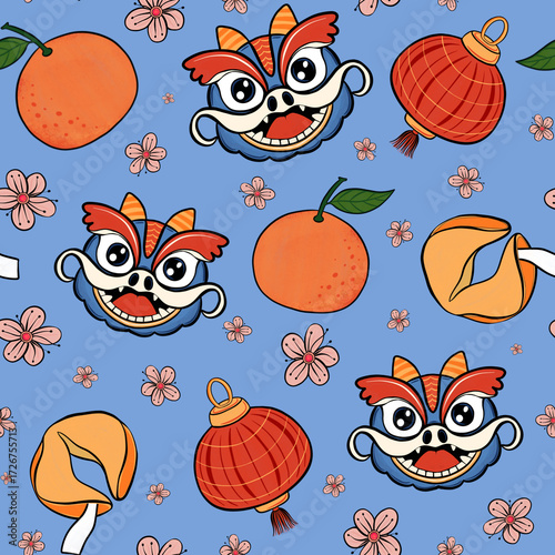 Seamless pattern with Traditional Chinese dragon, lanterns, oranges, fortune cookies, and blossoms. Lunar New Year print, Festive background, Perfect for wrapping, packaging, stationery, fabrics.