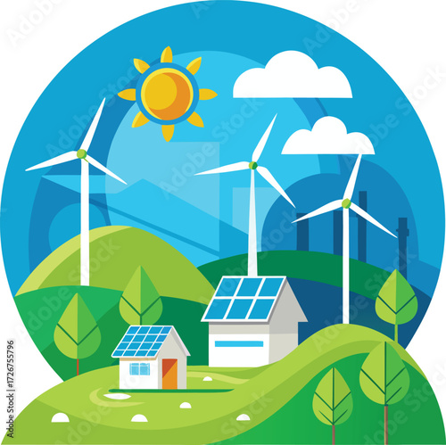 Green Energy Sustainable Landscape with Wind Turbines and Solar Panel Houses