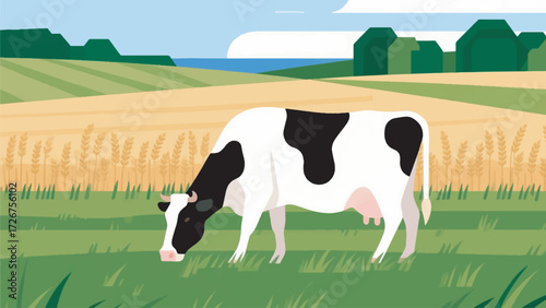 Illustration Of A Holstein Cow Grazing On A Green European Meadow With A Wheat Field In The Background Vector Design Template