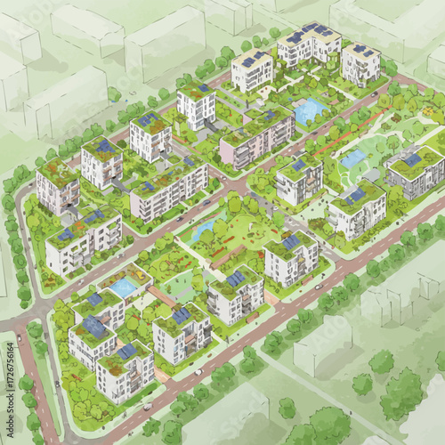 An aerial illustration depicts a modern, sustainable urban residential complex, showcasing buildings with green roofs, solar panels, and lush green spaces.