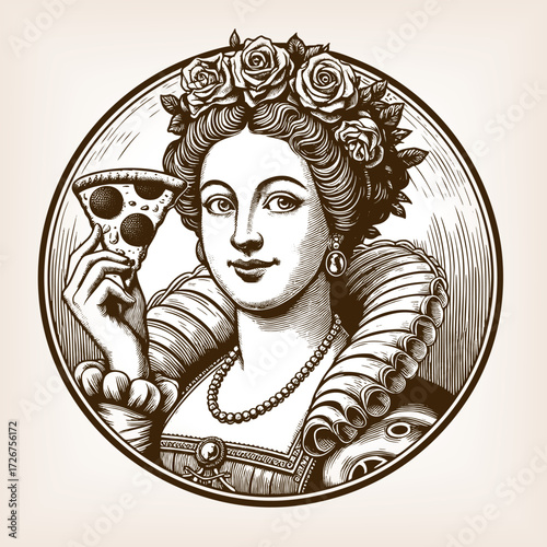 Renaissance lady, holding a slice of pepperoni pizza in her hand inside a circular frame sketch engraving generative ai fictional character vector illustration. Scratch board. Black and white image.