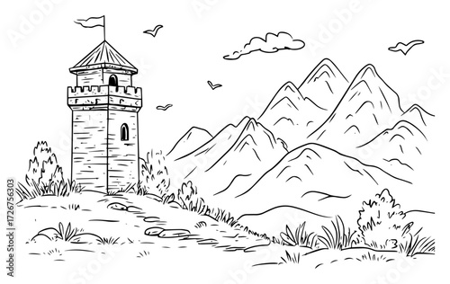 Medieval stone watchtower guarding mountain valley hills – adventurous fantasy landscape sketch illustration