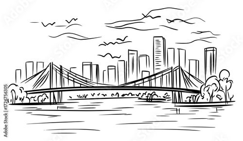 Suspension bridge spanning urban river with sleek skyline backdrop – dynamic metropolitan waterfront line‑art illustration