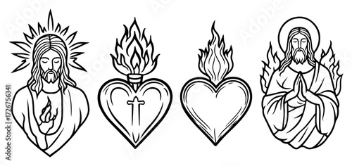 Sacred Heart of Jesus icons with radiant flames and holy symbols – detailed Catholic devotion illustration set