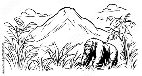Mountain gorilla emerging from lush volcanic rainforest beneath towering peak – adventurous wildlife sketch illustration
