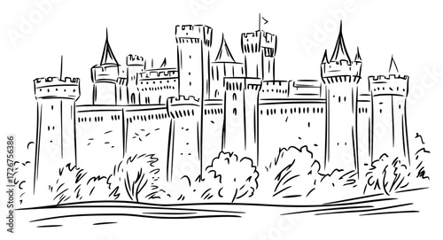 Medieval stone castle with lofty towers and fortified walls – grand historic fortress line drawing