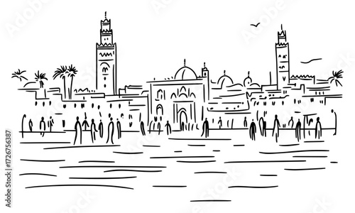 Moroccan medina skyline with mosque minarets and palm‑lined waterfront – Marrakech old‑city line art illustration