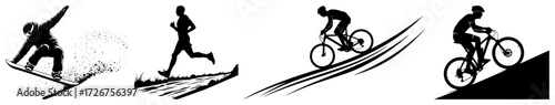 Extreme sports silhouette pack – snowboard jump, runner sprint, alpine skier carve, mountain bike trail ride icons
