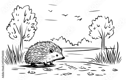 Adorable hedgehog wandering beside quiet lakeside meadow – gentle wildlife countryside sketch illustration