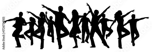 Dynamic dancer silhouettes performing an energetic group routine – modern party icon illustration