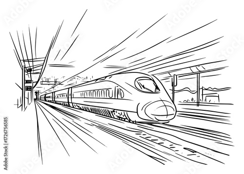 High‑speed bullet train arriving at station in dynamic motion perspective – futuristic railway transportation sketch illustration