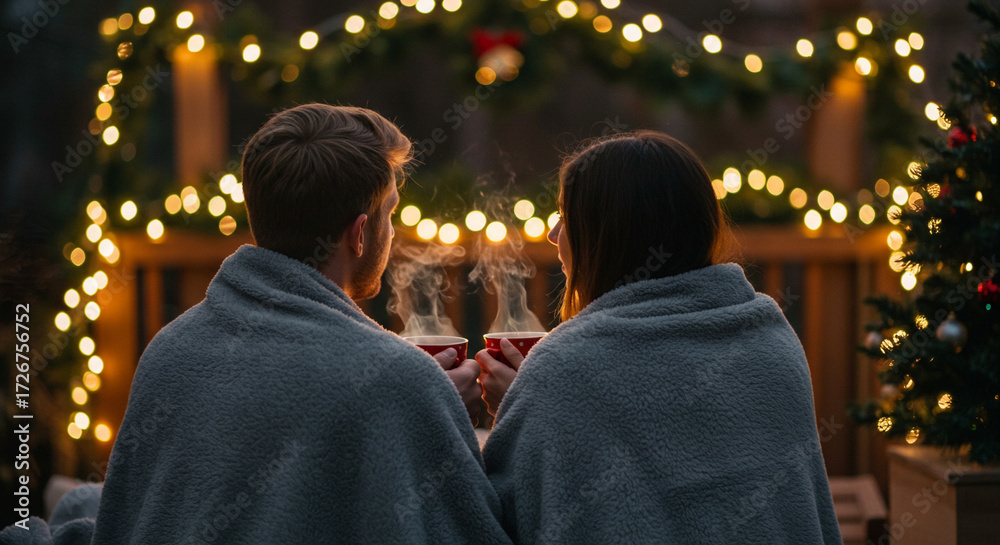 Fototapeta premium Couple wrapped in blankets enjoying warm drinks by Christmas lights