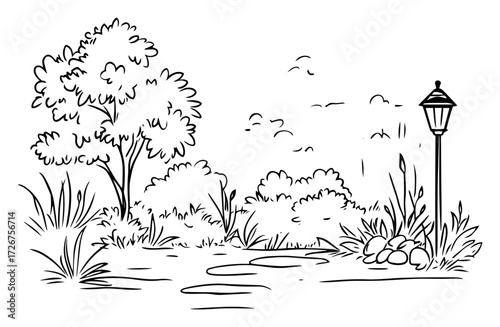 Quiet garden pond scene with leafy tree, shrubbery and classic lamppost – peaceful park nature landscape line art illustration