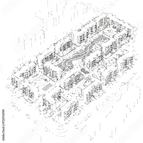 Isometric architectural drawing of a contemporary urban housing development, showcasing integrated green spaces and thoughtful community planning.