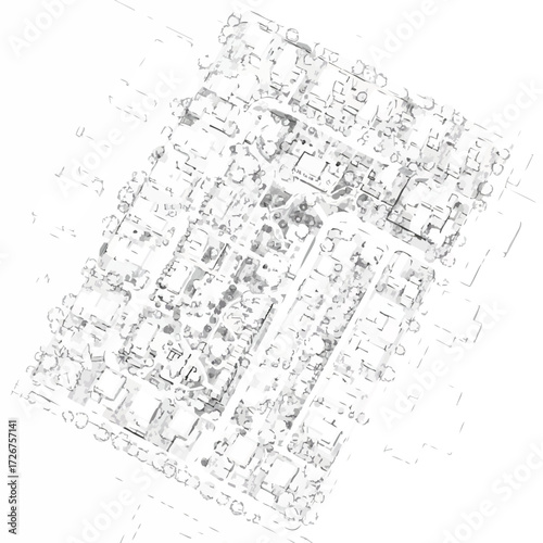 A minimalist, high-contrast monochrome illustration provides a conceptual overhead view of a sprawling urban landscape, emphasizing its intricate architectural layout.