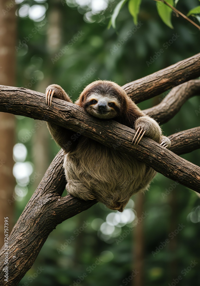 Obraz premium Smiling Sloth Hanging on Tree Branch in Lush Green Forest Scene