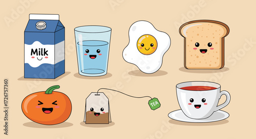 A cute collection of breakfast items with happy faces and vibrant colors.