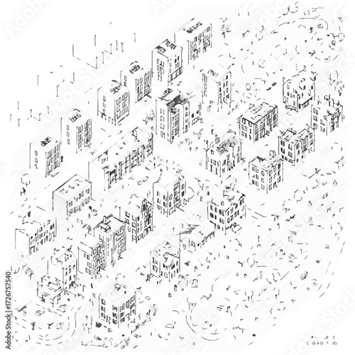An intricate black and white isometric line drawing illustrates a bustling urban cityscape, showcasing a dense arrangement of residential and commercial buildings.