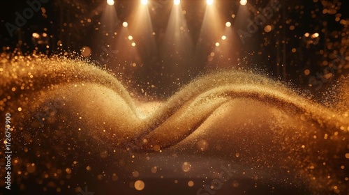Abstract golden dust particles wave illuminated by warm spotlight
