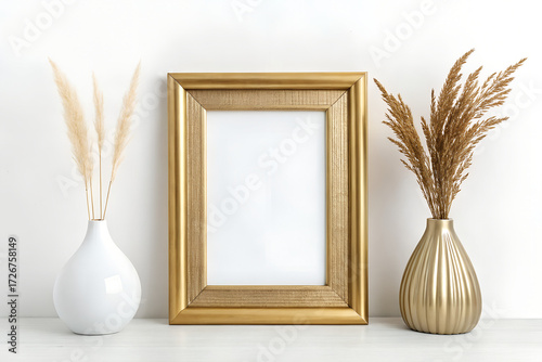 Golden frame with dried grasses in vases on white surface
