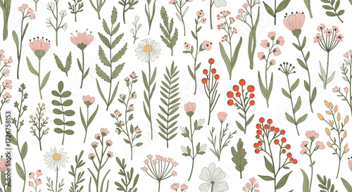 A delightful array of delicate wildflowers and greenery scattered across a pristine white canvas.