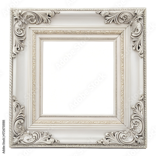 Ornate white picture frame with intricate floral carvings isolated