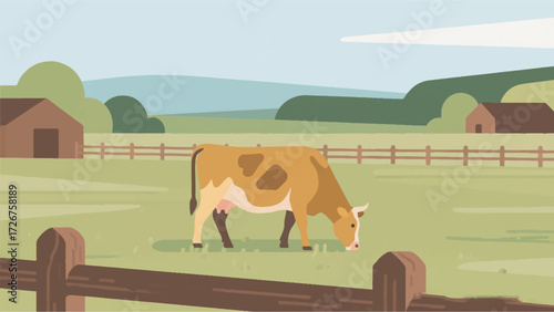 Illustration Of A Golden Brown Cow Eating Grass In A Farm Field Vector Design Template