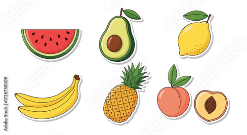 A vibrant collection of fresh and colorful fruits including watermelon avocado lemon banana pineapple and peach.