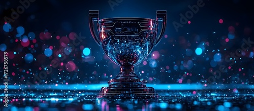 Esport Trophy on Luminous Platform with Confetti and Bokeh