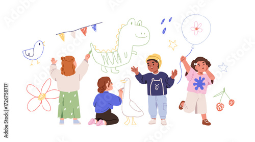 Kids drawing on wall. Happy creative children group with chalks, crayons decorating wallpaper with pencil doodles, scribbles, sketches, cute art. Flat vector illustration isolated on white background