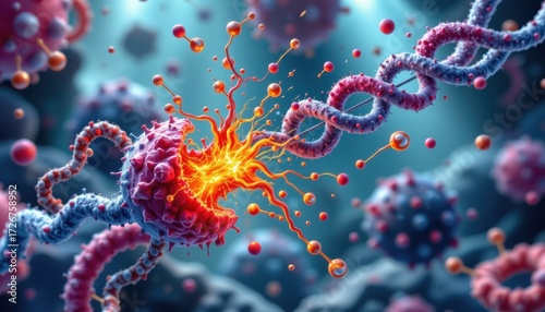 Wallpaper Mural an educational medical illustration of free radicals damaging protein structures, protein folding disrupted, chains breaking apart, oxidative molecules floating around, detailed molecular environment Torontodigital.ca