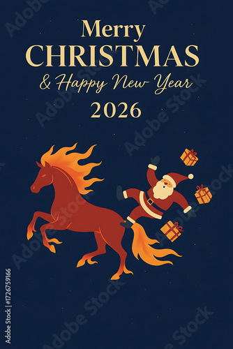 Festive humorous digital illustration of Santa Claus falling off a fiery horse with flaming mane and tail, dropping gifts on a dark blue background. Concept of Merry Christmas and Happy New Year 2026,