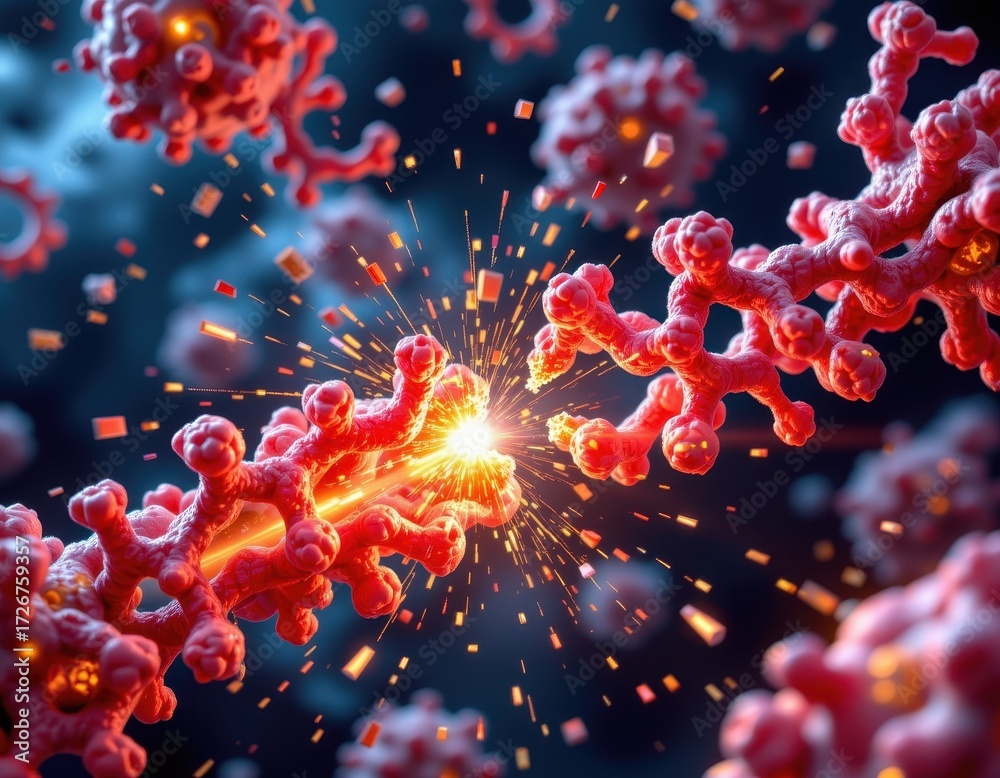 Naklejka premium proteins unfolded by free radical attack, amino acid chains stretched and broken, glowing oxidative particles surrounding them, detailed molecular educational art showing why proteins are vulnerable