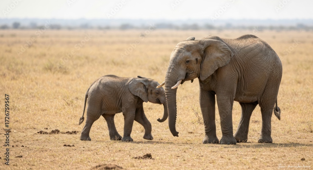 Fototapeta premium A mother elephant gently touches her calf
