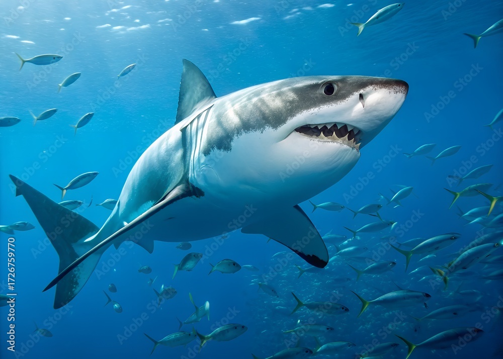 Fototapeta premium Great white shark, jaws agape, underwater