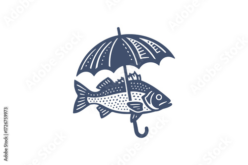 Fish with umbrella vintage engraving style vector illustration
