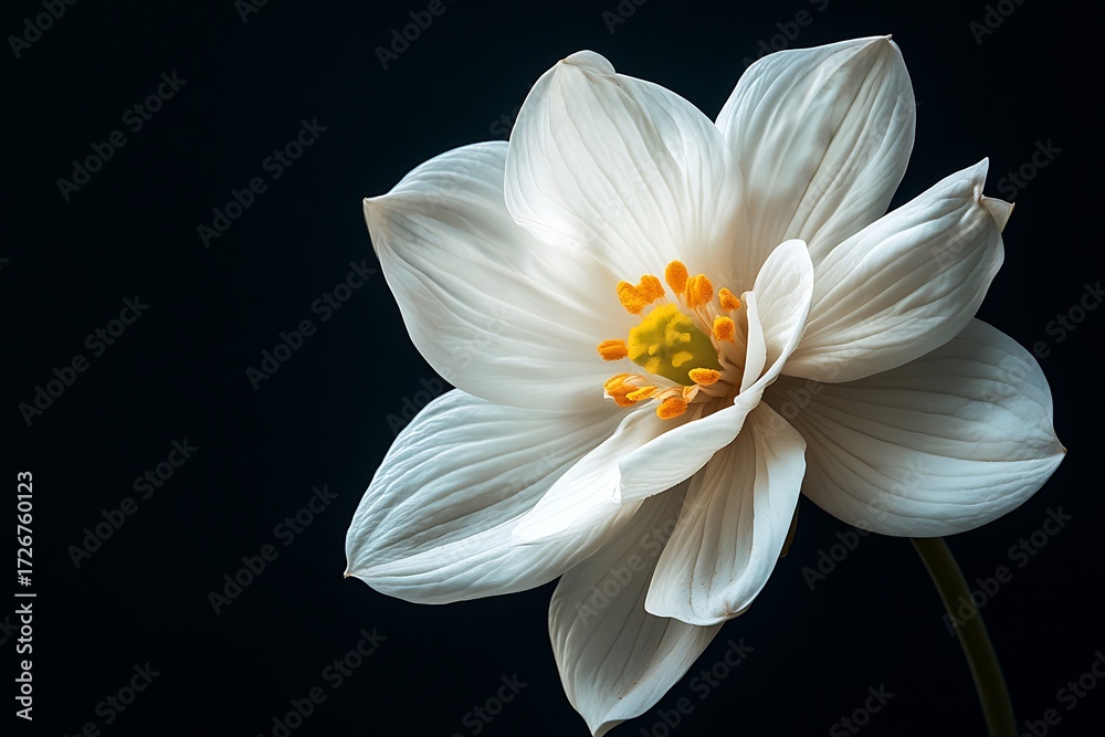 Fototapeta premium Dreamy white flower blossom close up with golden stamen on elegant dark background for peaceful serene projects