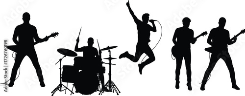 Rock band silhouettes, live performance, jumping singer, electric guitar, drummer pose, concert energy, music vector illustration set