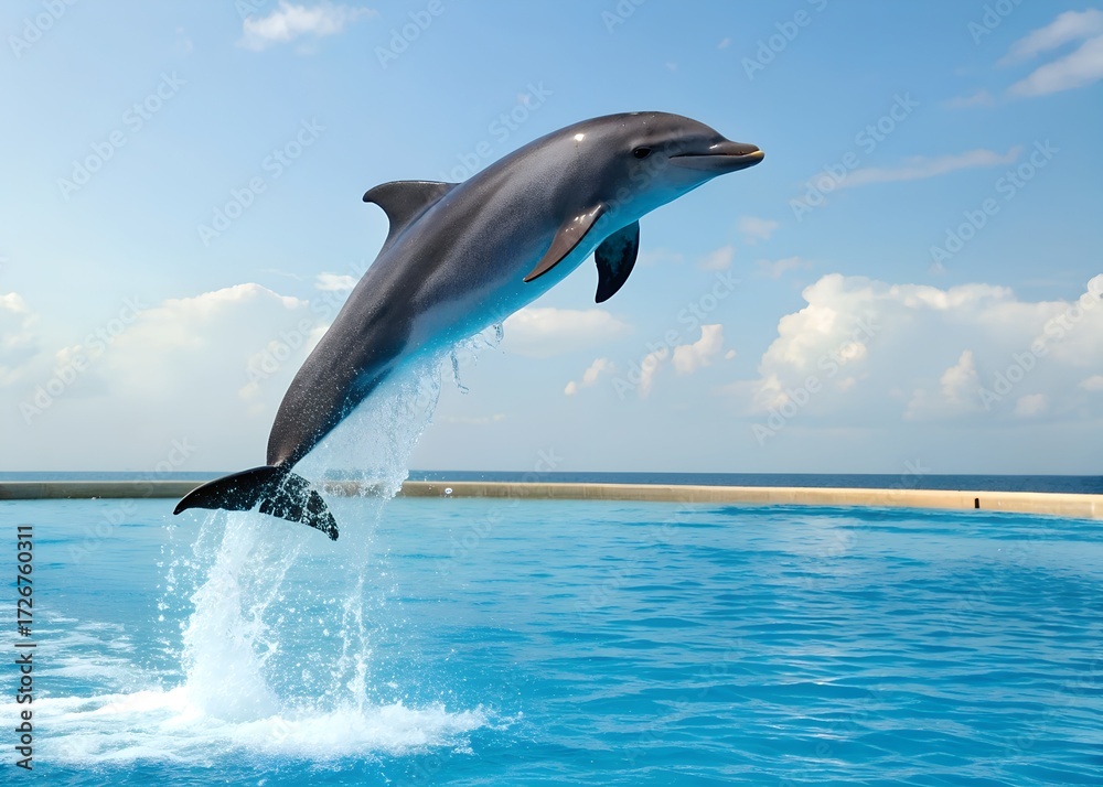 Obraz premium A dolphin swimming in a blue pool with a blue sky in the background.
