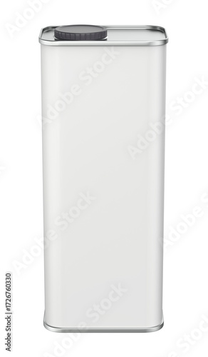 Front view of white blank round tin bottle for olive oil, motor oil or other liquids on transparent background