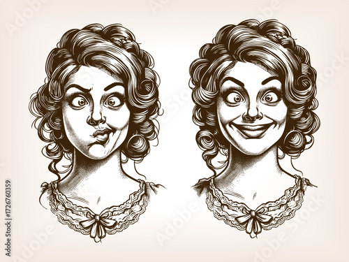 woman shown twice side by side, exaggerated silly faces with wide eyes and quirky expressions sketch engraving generative ai fictional character vector illustration. Scratch board. Black and white.