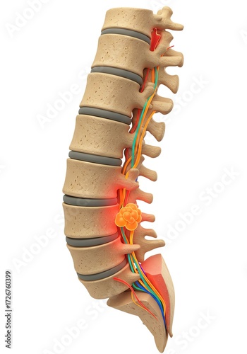 Detailed Medical Illustration of Human Spine with Herniated Disc and Nerve Compression