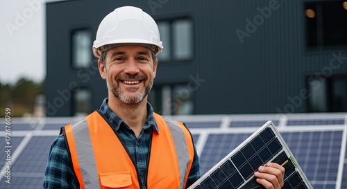 Smiling solar panel installer holding a panel.