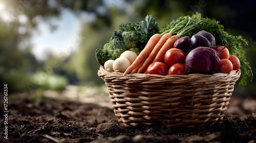 A wicker basket overflowing with a vibrant assortment of fresh organic vegetables sits on rich farm soil bathed in natural daylight