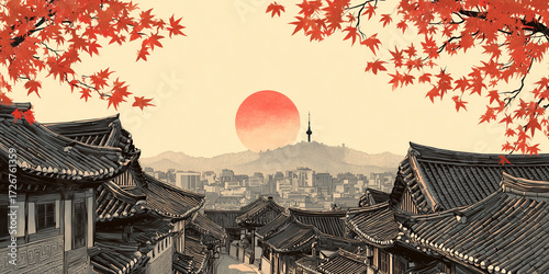 서울 북촌 한옥마을과 가을 단풍_한국의 가을풍경 일러스트