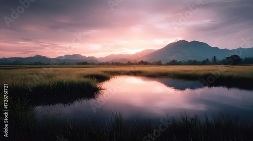A serene landscape with mountains and fields reflected in calm water during a vibrant sunset