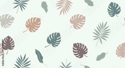 A repeating pattern of tropical leaves in muted earth tones.