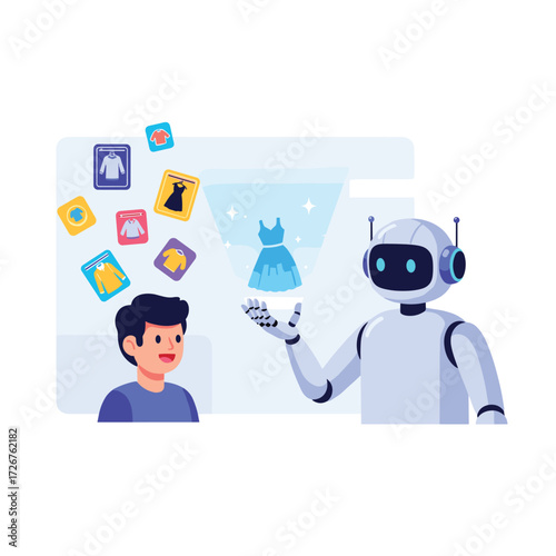 Man looking at robot presenting a dress with clothing icons in the background on a white backdrop